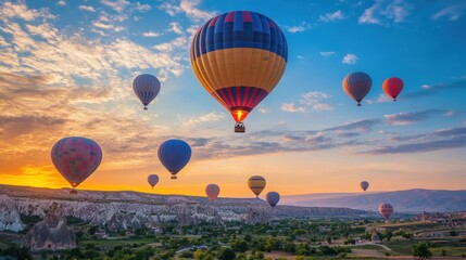 Obraz premium A breathtaking view of hot air balloons floating over a picturesque landscape during a vibrant sunrise.
