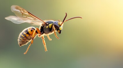 Fototapeta premium A close-up of a vibrant, flying insect with intricate details, showcasing its wings and body against a softly blurred background.