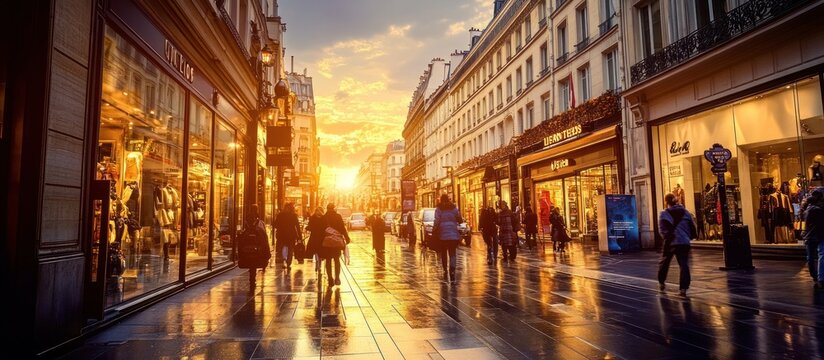 Fototapeta People walking on a cobblestone street in the city at sunset, with tall buildings and storefronts on both sides.