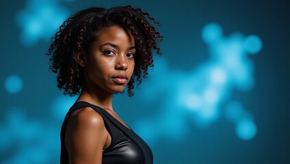 A curvaceous urban African-American teenager strikes a dynamic pose in a glowing cityscape against a bokeh backdrop embodying a blend of superheroes and antiheroes with their vibrant fantastical