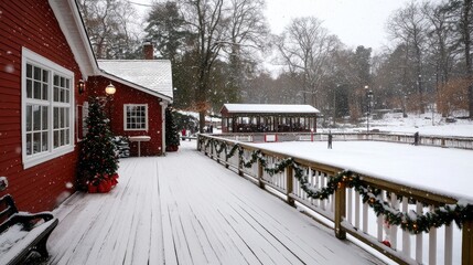 Fototapeta premium Snow blankets the ground around a charming red cabin, where a decorated Christmas tree stands proudly on the deck, inviting warmth and holiday cheer.
