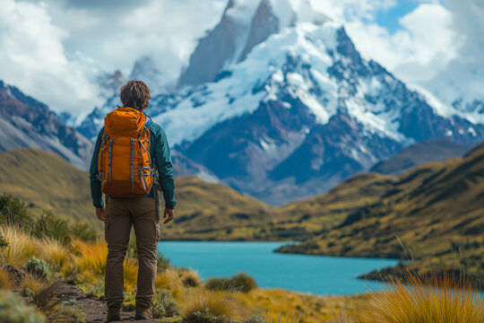 A hiker admires stunning mountains and a lake in Torres del Paine National Park during a clear day in Chile
