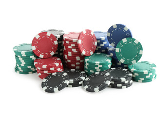 Poker game. Casino chips isolated on white