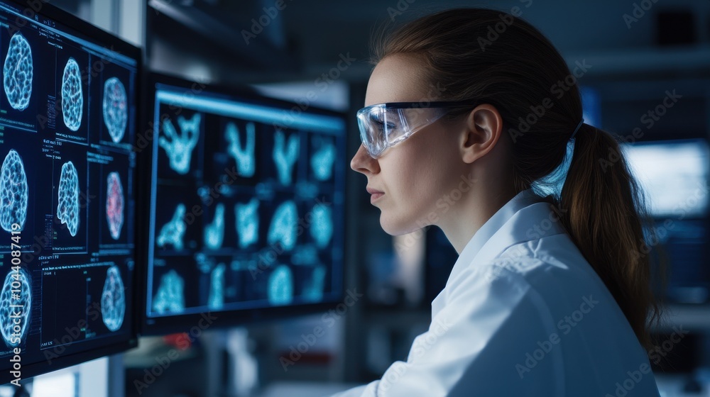 Poster scientist analyzing data in biotech laboratory