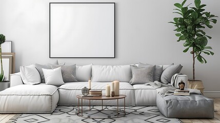 Modern Interior of Stylish Living Room ,Wall Mock Up, Frame , Poster with Beautiful Background, 3d render