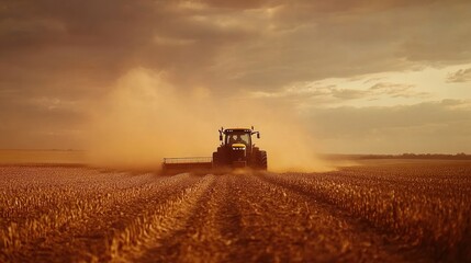 Fototapeta premium Tractor in Field at Sunset Creating Dust Clouds
