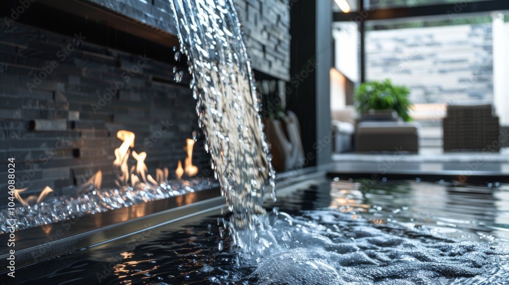 Poster a stylish and modern fireplace is accented by a unique waterfall adding a subtle touch of luxury to 