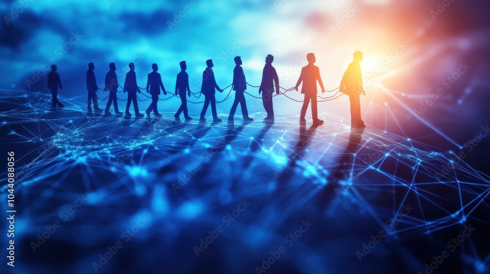 Poster silhouetted figures connected by lines against a digital backdrop, symbolizing unity and technology.