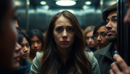 A tense moment in an elevator filled with anxious passengers during rush hour in a bustling city