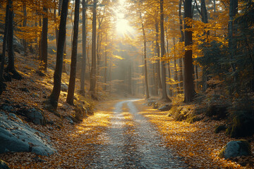 Obraz premium Sunlight filters through autumn trees along a winding forest path surrounded by fallen leaves in a tranquil woodland setting
