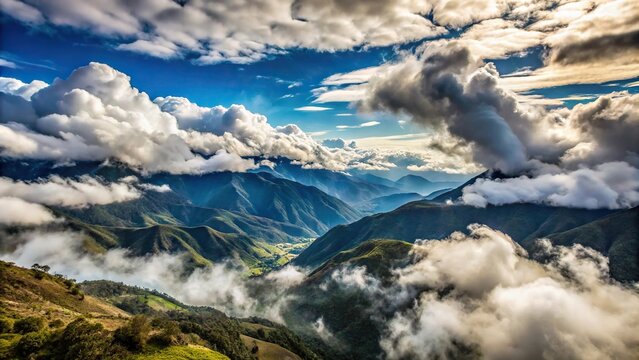 Scenic sunrise view of clouds over mountain range at Kuelap with shallow depth of field