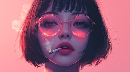 Obraz premium Portrait of a stylish woman with short hair, wearing round sunglasses and holding a cigarette, set against a vibrant pink background.