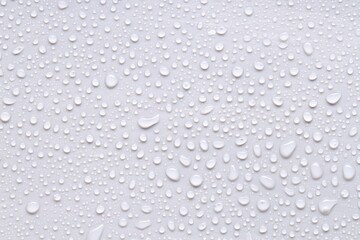 Water drops on light gray background, top view