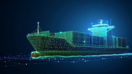Fototapeta premium Digital Cargo Ship Hologram On Blue Background, Futuristic Shipping and Logistics. 3D Rendering.
