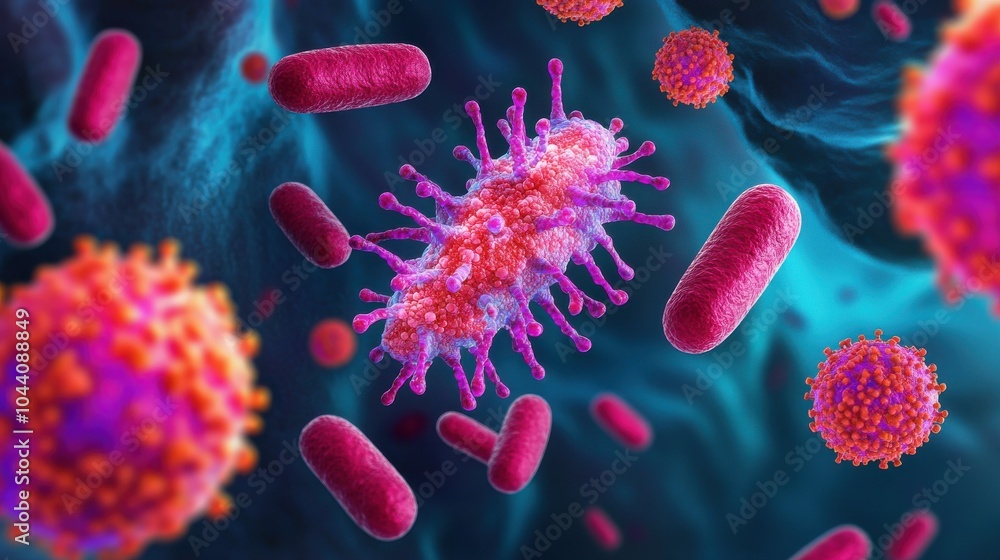 Poster 3d microscopic view of bacteria under a microscope