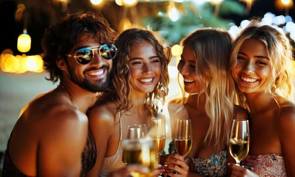 Group of friends enjoying drinks and smiling at a beach setting.