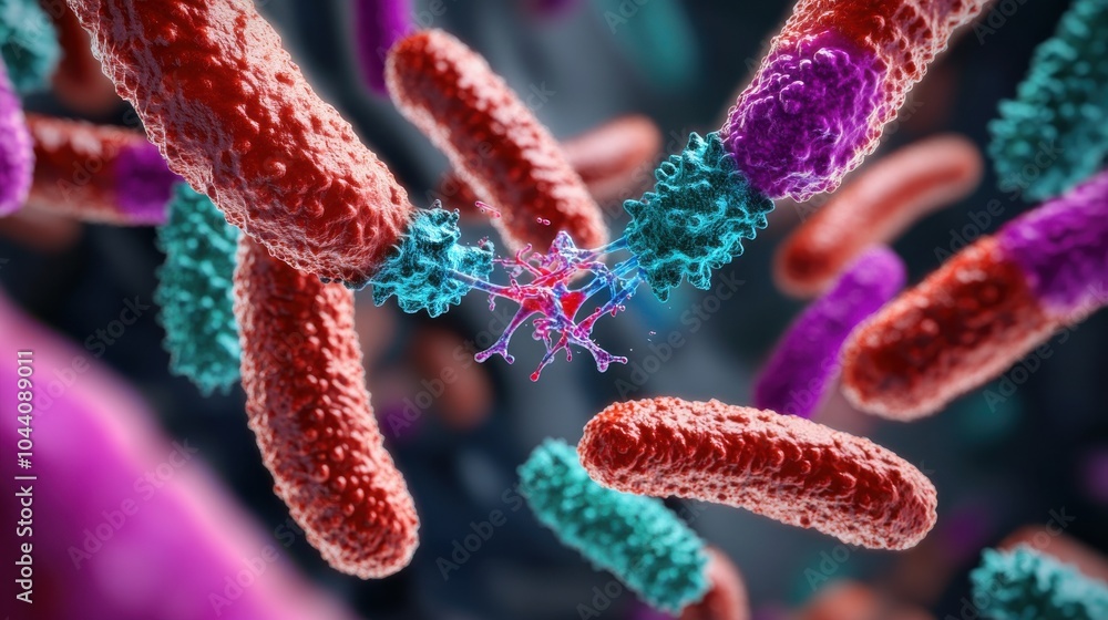 Poster close-up 3d render of bacteria in microbial environment