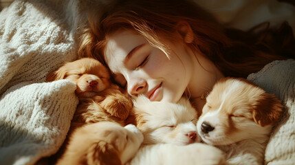 sleeping child with puppy