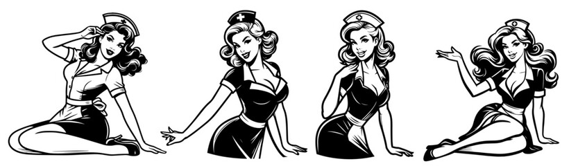 beauty pin-up girl illustration, adorable beautiful pinup woman model, comic book character, black shape silhouette vector decoration nurse doctor  medical care