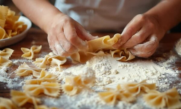 Hands arranging uncooked farfalle pasta on a floured surface.