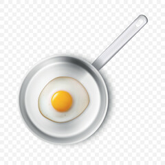 Vector 3d Realistic Fried Egg in the Steel Frying Pan, Closeup Isolated, Top View. Design Template of Scrambled Eggs, Fried Egg, Omelette. Delicious Breakfast, Food, Culinary Concept
