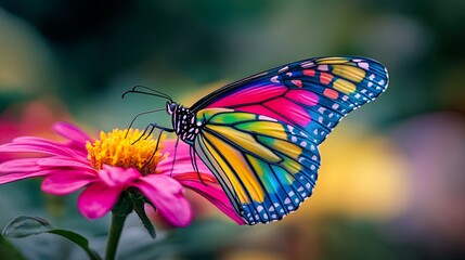Naklejka premium A vibrant butterfly with multicolored wings rests on a pink flower, showcasing the beauty of nature in a soft-focus background.