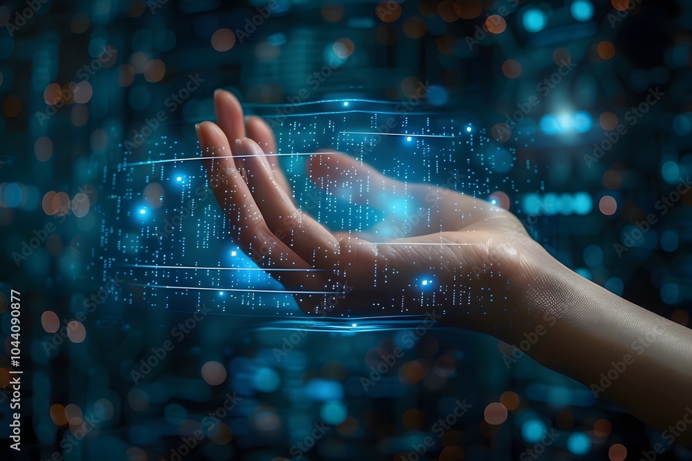 Poster futuristic hand reaching for digital data in a high-tech environment