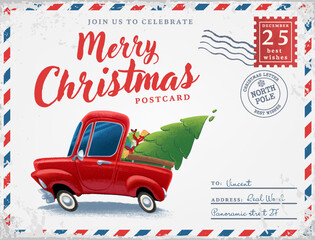 illustration car delivery christmas tree greeting card retro vintage