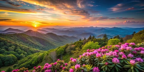 Scenic sunset over Blue Ridge Parkway mountains with spring rhododendron flowers