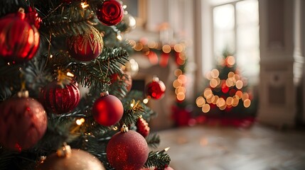 Festively Decorated Christmas Tree with Twinkling Lights on Blurred Background