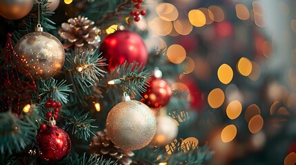 Elegantly Decorated Christmas Tree with Sparkling Ornaments on Blurred Festive Background