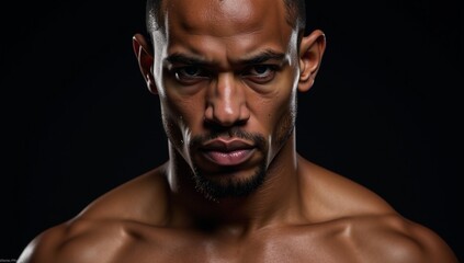 A muscular African American MMA fighter looks intensely into the camera with his head covered sweating against a dark backdrop