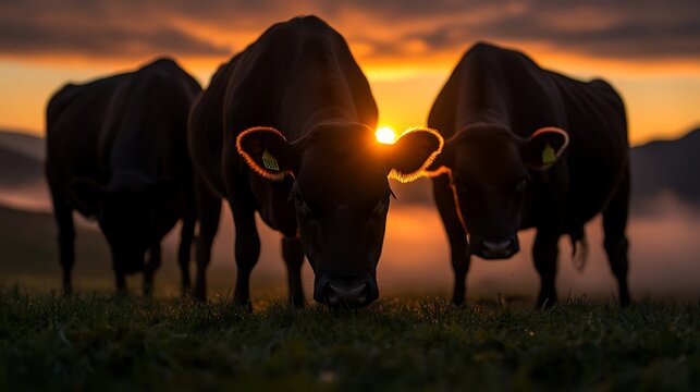 Three cows silhouetted against a sunset, with the sun shining through the center cow's ears, and mist in the background.