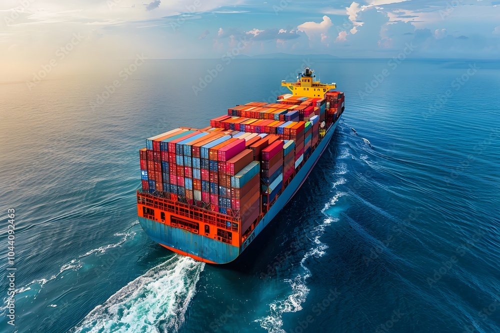 Poster aerial view of a colorful container ship navigating calm waters at sunset