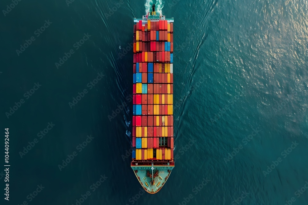 Poster aerial view of a colorful container ship navigating through calm waters