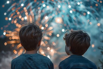 Young Brothers Watching Vibrant Fireworks Display with Blurred Background
