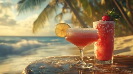 Frozen strawberry daiquiri and tropical cocktail on a beach at sunset, with a lime garnish and sugar-rimmed glasses, sitting on a table with a stunning ocean backdrop. Image made using Generative AI.