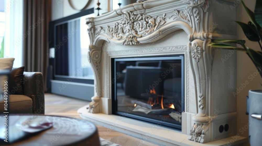 Aufkleber the elaborate fireplace features intricate detailing adding a touch of elegance to the modern room. 