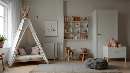 A cozy and modern children's bedroom with a teepee, a rug, and shelves full of toys.