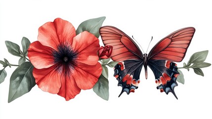 Petunia Flower and Butterfly Illustration