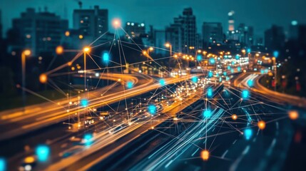 Obraz premium A nighttime cityscape with illuminated traffic and network connections overlay.