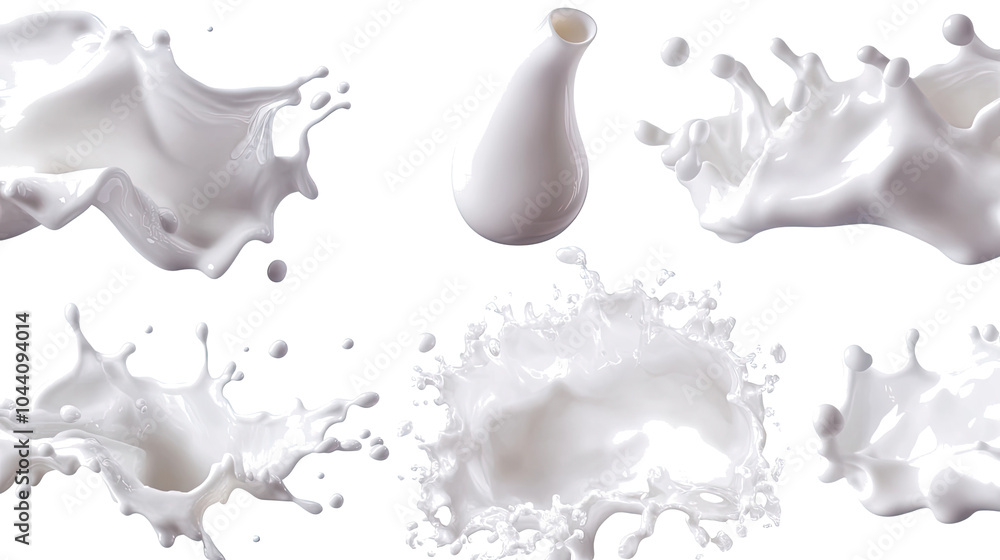 Poster milk splashes and waves with droplets on transparent background generative ai