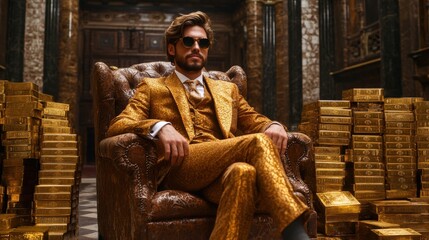 Businessman flaunting his riches in a lavish setting