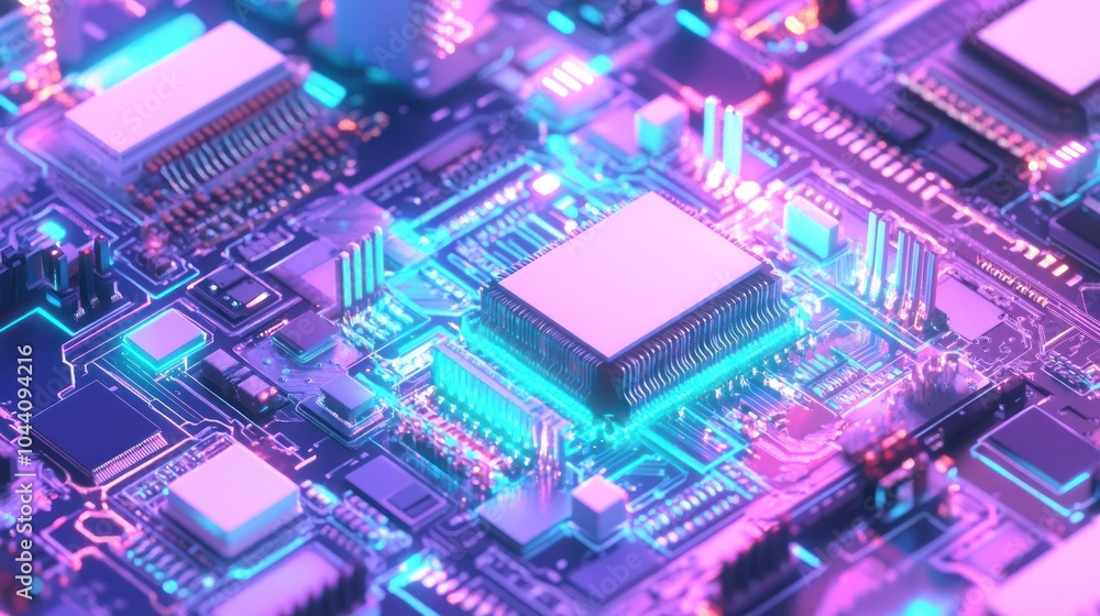 Poster a close-up view of a vibrant, futuristic circuit board with glowing components.
