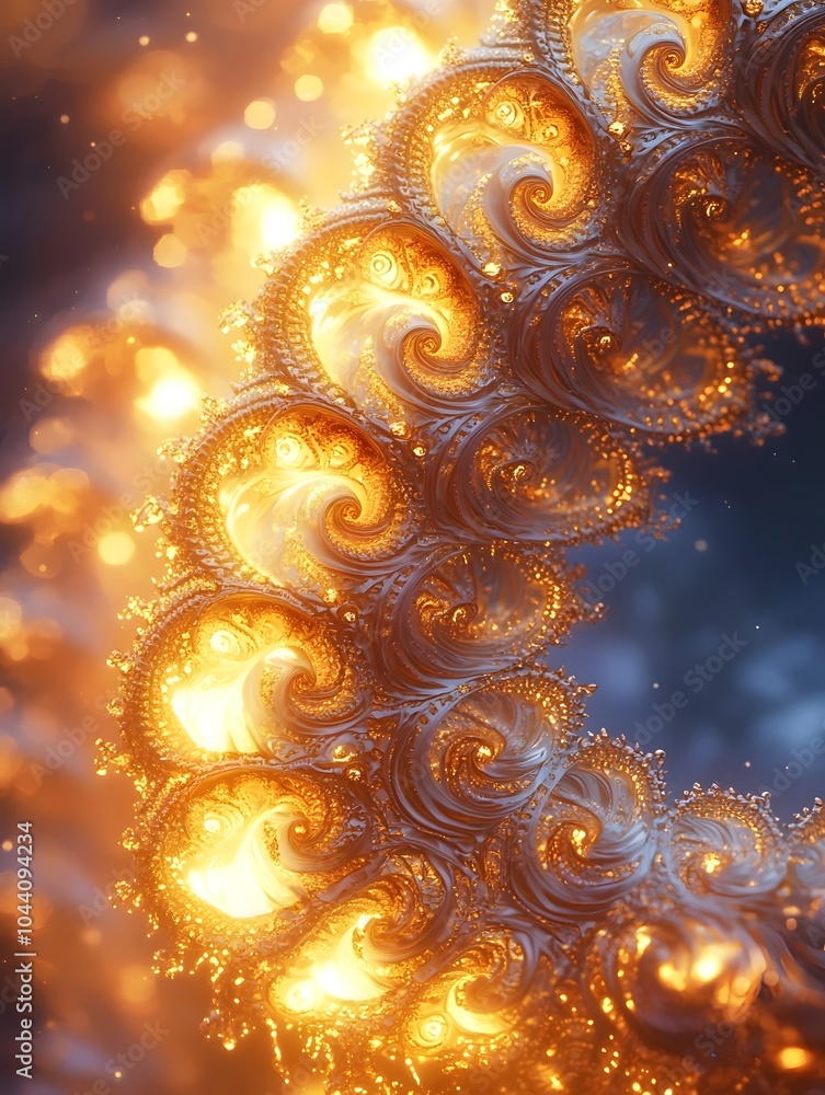 Poster a mesmerizing close-up of glowing golden fractals in a circular pattern, creating a surreal and vibr