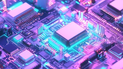 Fototapeta premium A close-up view of a vibrant, futuristic circuit board with glowing components.