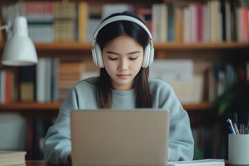 Focused girl with headphones using laptop at library desk