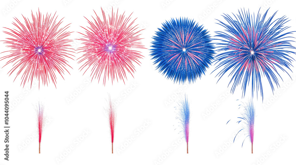 Poster colorful red and blue fireworks collection on a transparent background generative ai