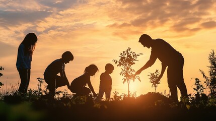 Fototapeta premium Family Planting Trees at Sunset Together