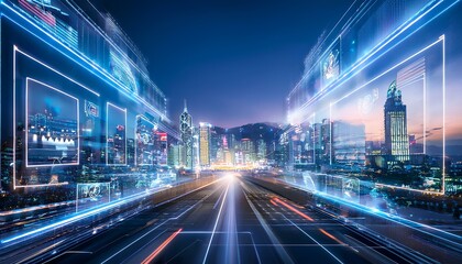 futuristic interfaces of the modern city inside; abstract blurred lights background